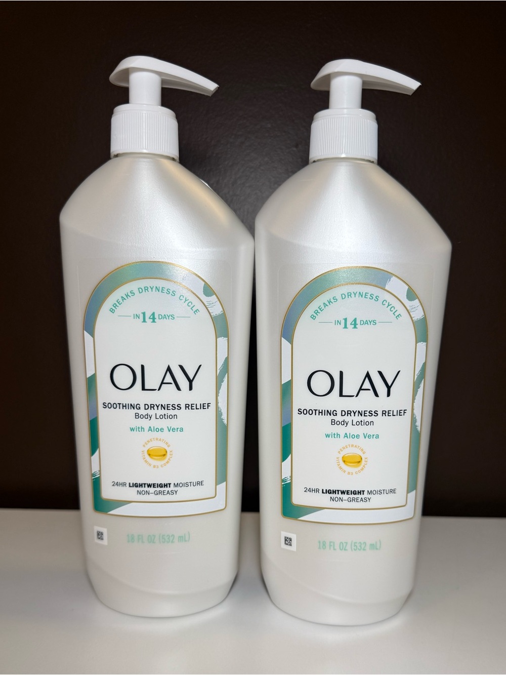 2 PACK Olay Soothing Dryness Relief Body Lotion Aloe Vera 18 oz Pump Bottles NEW